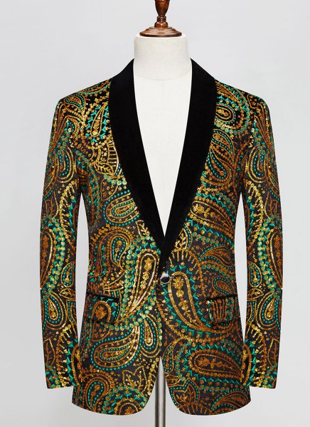 Men Gold-Green Cashew Flower Shiny Sequin Floral Shawl Lapel Suit Jacket Weddings Prom Banquets Formal Blazer