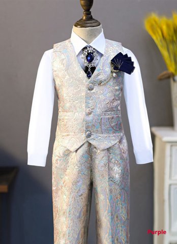 Boys Brocade Jacquard Suits Long Sleeve Shirt Vest Pants Outfit Kids Gentlemen 4Pcs Formal Tuxedo