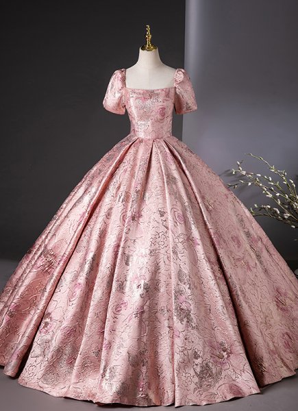 Pink Princess Printed Brocade Graduation Dress