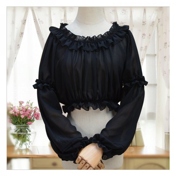 Summer White and Black Chiffon Lace Full Sleeve Off the Shoulder Slash Neck Sweet Lolita Blouse Women Tops Shirt