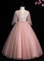 Flower Girl Embroidery Applique Pink Flutter Sleeve Tulle Dresses