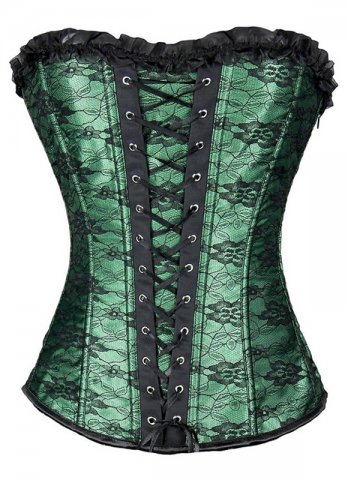 Black Lace Covered Sweetheart Green Corset with Ruffle Trim