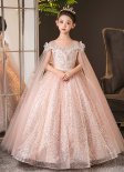 Children Girls Romantic Pink Sequin Cloak Birthday Party Formal Dress