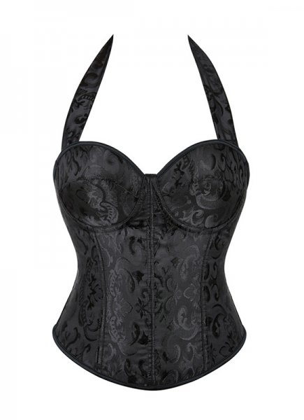 Vintage Jacquard Brocade Halterneck Overbust Corset Top With Cups