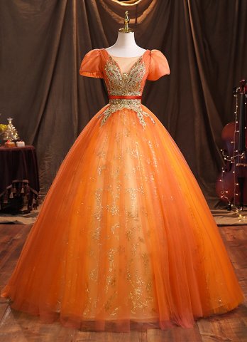 연인 오렌지 볼 가운 얇은 명주 그물 구슬 주름 반팔 바닥 길이 Quinceanera 댄스 파티 드레스