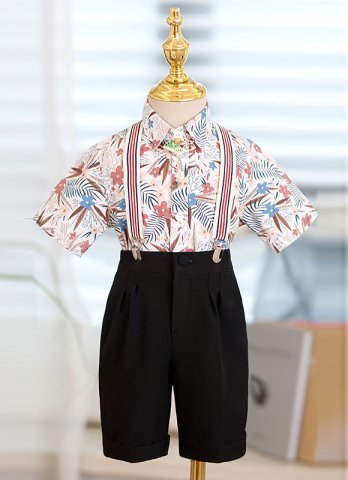 Boys Suspenders Formal 3 Pcs Suit Kids Wedding Party Flower Shirt Shorts Set