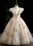 Children Butterfly Sleeve Sequin Champagne Tulle Prom Homecoming Dress