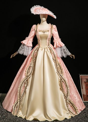 Elegant Retro Pink Floral Parttern Lace Flower Prom Dress Renaissance Lolita Tea Party Long Prom Formal Dress Inlcudes Hat