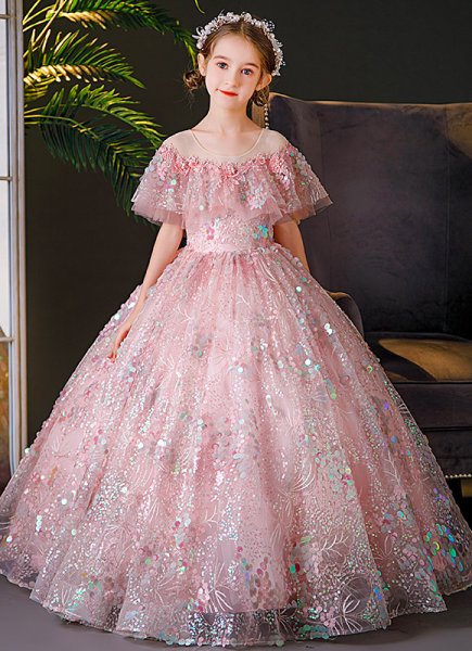 Kids Pink Ruffle Sequin Mesh Princess Graduation Dresses