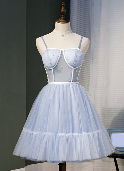 Blue Tulle Spaghetti Straps Homecoming Dress Short Prom Formal Dresses for Women