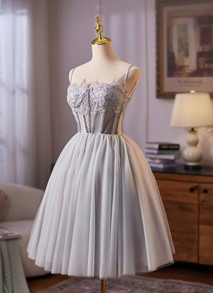 Custom-Made Gray Corset Spaghetti Straps Short Party Formal Dress