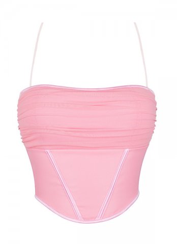 Spaghetti Straps Stretch Pleated Mesh Overbust Corset Top