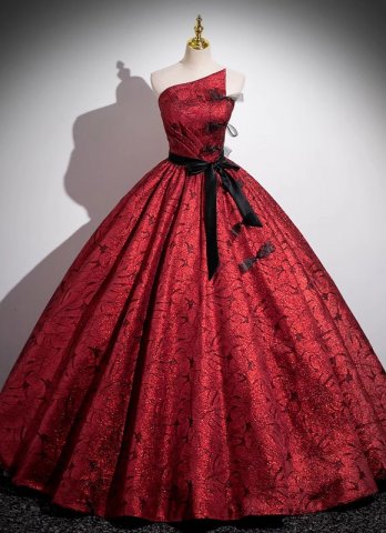 Oblique Shoulder Burgundy Sleeveless Evening Dress