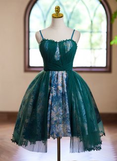 Green Spaghetti Straps Jacquard Brocade Tulle Prom Party Dress