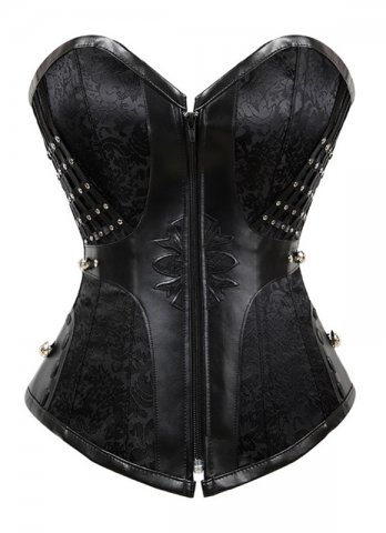 Black Gothic Pvc and Brocade Overbust Corset with Front Zips