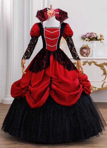 Retro Medieval Wine Red Halloween Masked Ball Gowns Prom Dresses Lace Three Quarter Sleeve Stand Neckline Floor Length Long Vampire Dress