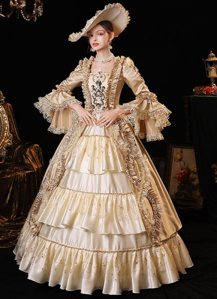 Women Champagne Masquerade Party Dress Renaissance Reenactment Theater Costume