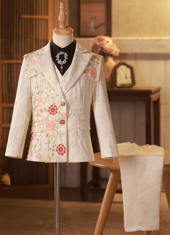Handcrafted Boys Fashion Shawl Sequin Tuxedo Suits Kids White Suits Band Singer Dance Costume