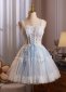 Blue A line Straps Lace Mini Corset Prom Homecoming Dress