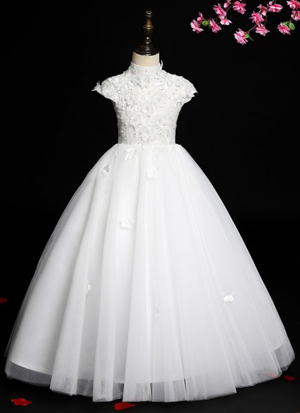 White High Neck Applique Tulle Engagement Wedding Flower Girl Dresses