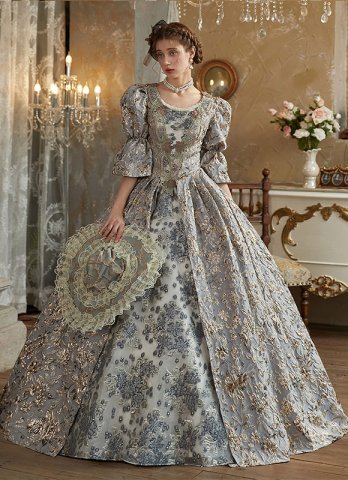 Upscale Grey Women Relief Printed Masquerade Dresses Victorian Marie Antoinette Dress
