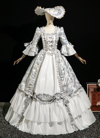 Elegant Retro Sky Blue Floral Parttern Jacquard Victorian Rococo Dress Renaissance Masked Prom Dress Includes Hat
