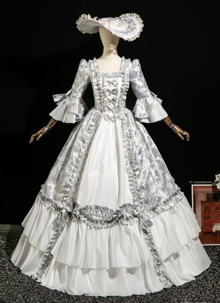 Elegant Retro Sky Blue Floral Parttern Jacquard Victorian Rococo Dress Renaissance Masked Prom Dress Includes Hat