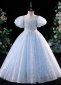 Children Blue Puff Sleeve Sequin Prom Homecoming Formal Dress