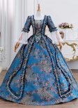 Regal Blue Floral Brocade Victorian Ball Gown Lace Sleeves Floor Length Historical Masquerade Dress