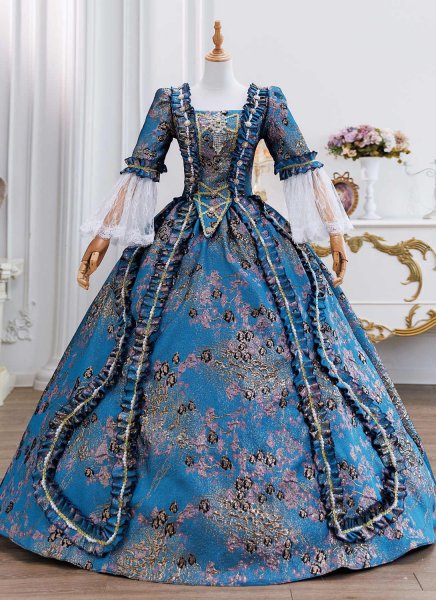 Regal Blue Floral Brocade Victorian Ball Gown Lace Sleeves Floor Length Historical Masquerade Dress