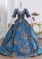 Regal Blue Floral Brocade Victorian Ball Gown Lace Sleeves Floor Length Historical Masquerade Dress