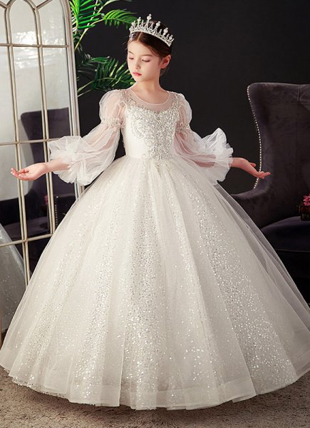 Girls Long Sleeve White Glitter Engagement Wedding Dresses