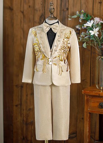 Boys Suits Slim Fit Embroidery Sequins Lapel Tuxedo Jacket Set 5 Piece Formal Dress Blazer For Stage