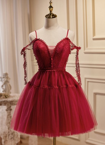 Burgundy And Blue Deep V Neck Spaghetti Straps Lace Mini Cocktail Dress