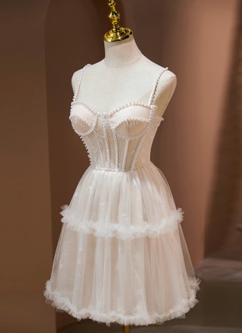 Sexy Mesh Pearl Mini Cocktail Dress Luxury Beaded Spaghetti Homecoming Dresses