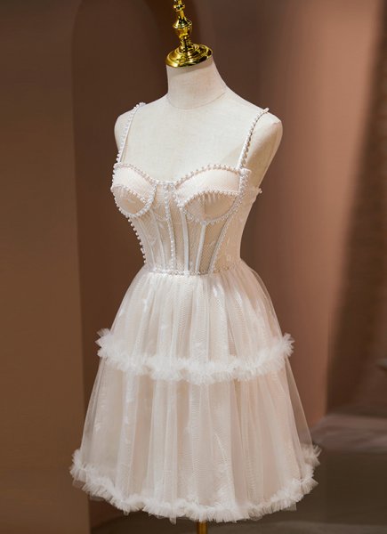 Sexy Mesh Pearl Mini Cocktail Dress Luxury Beaded Spaghetti Homecoming Dresses