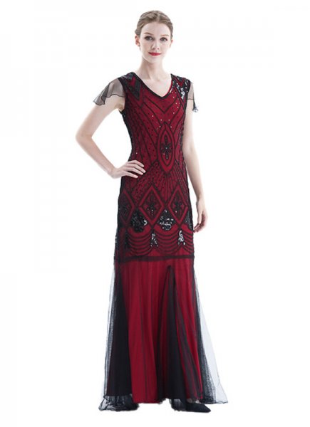 Burgundy 1920s Sequined Maxi Flapper Dress Women Cocktail Vintage Dresses