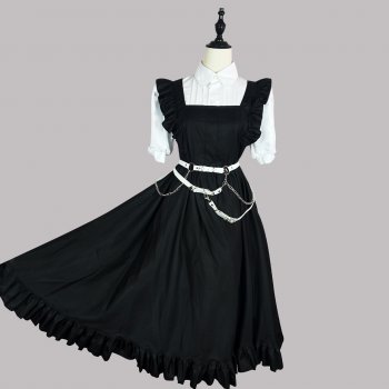 Newest Black Cotton Long Sleeves Maid Lolita Dress