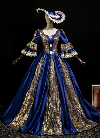 Retro Navy Blue Rococo Masked Prom Dress Women Halloween Carnival Valentine Day Evening Prom Gown with Hat