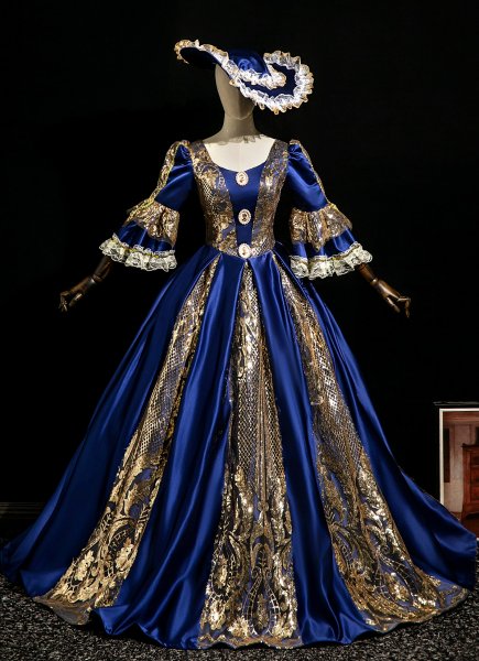 Retro Navy Blue Rococo Masked Prom Dress Women Halloween Carnival Valentine Day Evening Prom Gown with Hat