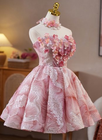 Pink Off the Shoulder Appliques Mini Cocktail Evening Dress