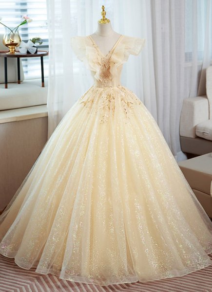 Champagne V-Neck Long Formal Dress with Ruffles Sleeve