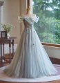 Light Blue Off The Shoulder Applique Tulle Sweep Train Evening Dress