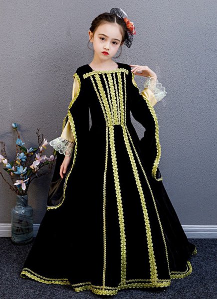 Children Medieval Renaissance Victorian Fair Queen Velvet Black Ball Gown Dress Girls Halloween Costume