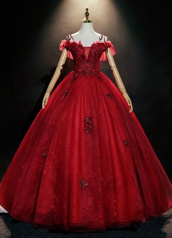Girls Burgundy Spaghetti Strap Off the Shoulder Prom Dresses