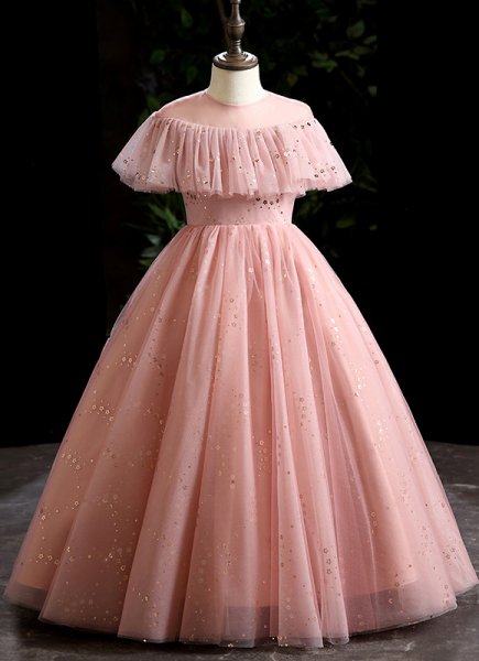 Flower Girl Sequin Ruffle Shoulder Pink Tulle Formal Prom Dresses