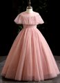 Flower Girl Sequin Ruffle Shoulder Pink Tulle Formal Prom Dresses