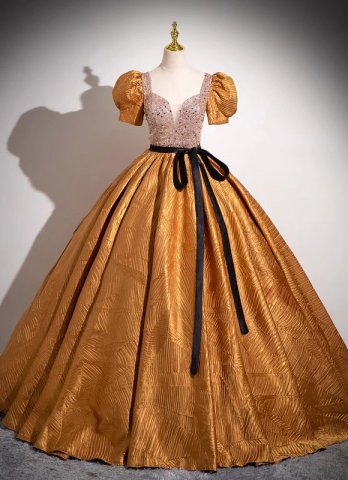 Orange Sequin Puff Sleeves Square Collar Formal Dress