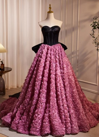 Rose Flower Black Corset Trailing Formal Dress