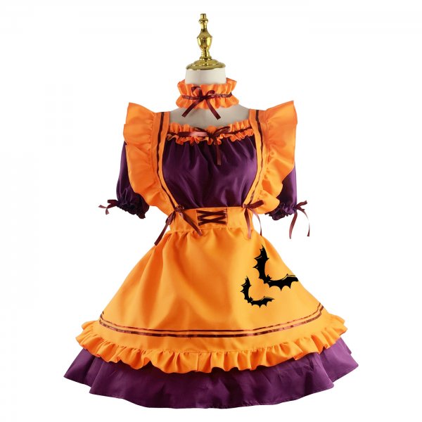 Plus Size Women Orange Fancy Bat Printed Cosplay Maid Dresses Cute Girls Lolita Uniform for Halloween Festival Party